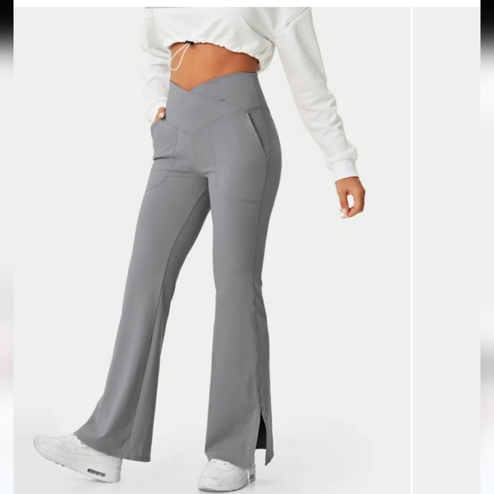 Crossover Pocket Split Hem Full Length Flare Leggings-Smile Halara